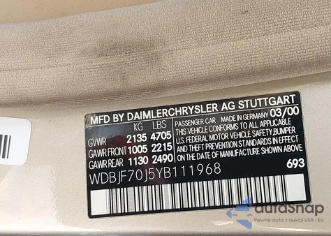 2000 Mercedes-Benz E 430 из США, поврежденный, VIN WDBJF70J5YB111968